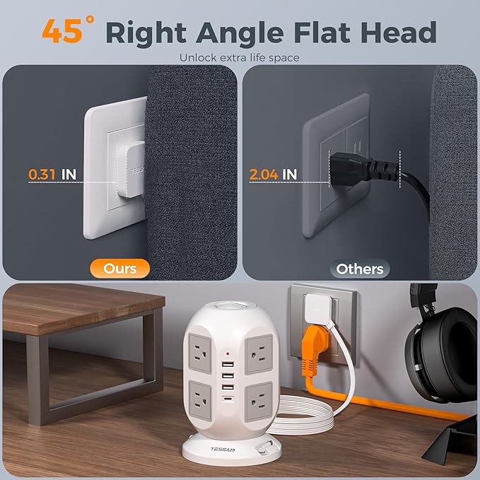 Tower Power Strip Surge Protector 10 Ft, TESSAN Flat Plug Extension Cord with Multiple Outlets, 8 AC Outlets, 4 USB Ports, 1 Built-in USB Cable, Desk Charging Station for Home Dorm Office-DeskLoop Office