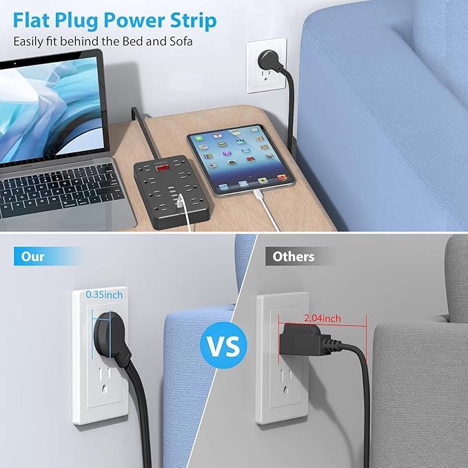 10 Ft Extension Cord Surge Protector, SMNICE 8 Widely Spaced Outlets and 6 USB (1 USB C) Charging Ports Flat Plug Power Strip, Desktop Power Cord for Travel Home Office Accessories Black-DeskLoop Office