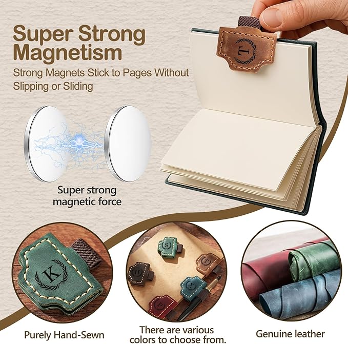 Artlaza Personalized Magnetic Leather Bookmark with Pen Holder - 26 Letters Custom Book Mark with Name Initial Engraved Book Marker for Readers, Book Lovers, Travelers - Gift for Women & Men(Green,P