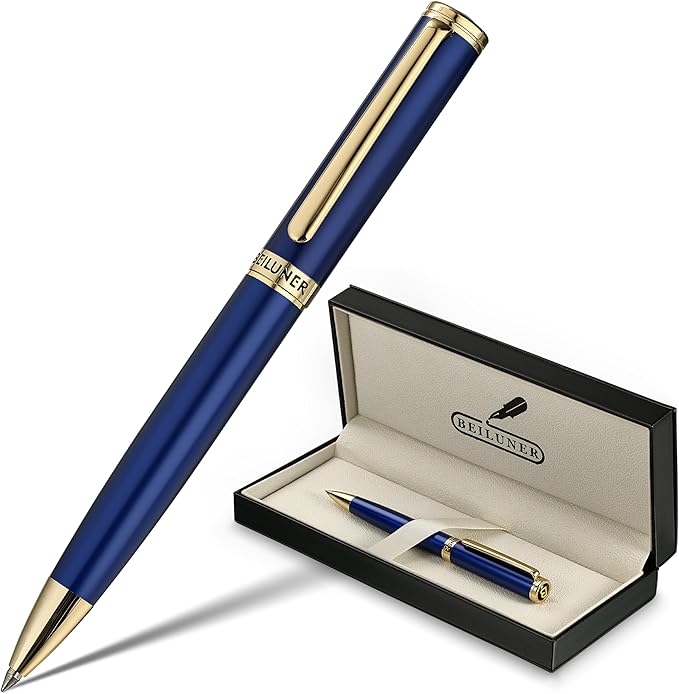 BEILUNER Blue Lacquer Gel Pen - Stunning Luxury Pen with 24K Gold Finish, ADMOK Black Refill, Executive Gift Set for Family & Friends, Writing, Fancy, Office, Retractable Pens-DeskLoop Office