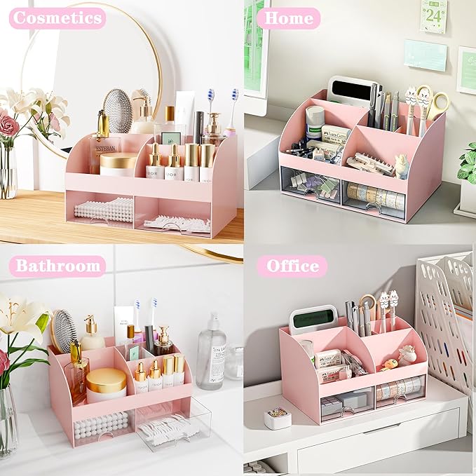 Pink Desk Accessories with Pen Holder, Pink Office Supplies Desk Organizers and Accessories for women, Tape Dispenser, Stapler, Staple Remover, Staples, Clips Set, Ruler, Scissor, Pen, Tape-DeskLoop Office