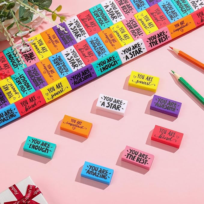 PerKoop 150 Pcs Inspirational Erasers Bulk Back to School Gifts Colorful Motivational Pencil Erasers for Kids First Day of School Favors for Students Teachers Classroom Office Supplies-DeskLoop Office