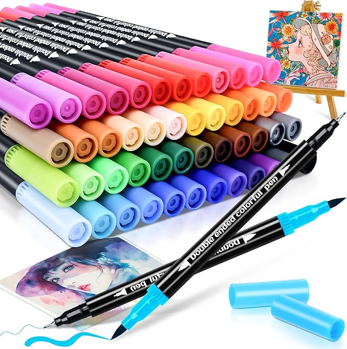 48 Colors Dual Markers Brush Pens, Art Markers Colored Pens for Adult Coloring Books, Brush and Fine Point Dual Tip Artist Colored Marker Set for Drawing Adult Coloring Hand Lettering-DeskLoop Office