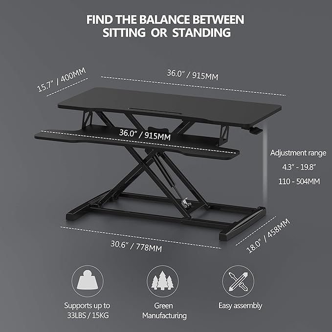 FITUEYES Height Adjustable Standing Desk 36” Wide Sit to Stand Converter Stand Up Desk Tabletop Workstation for Dual Monitor Riser FSD309101WB-DeskLoop Office