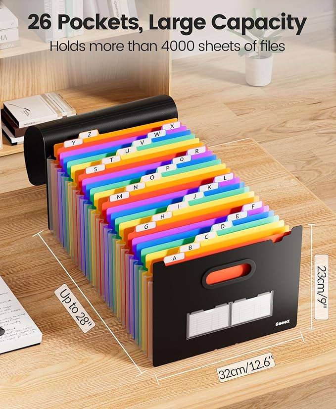 Sooez 26-Pocket Accordion File Organizer, Upgraded Expanding File Folder with Unobstructed A-Z Tabs, Premium Bill Tax Receipt Document Organizer Storage for Letter/A4 Size Paper, School Office & Home-DeskLoop Office