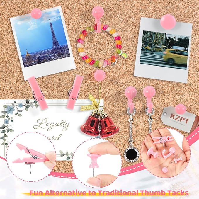 240Pcs Pink Thumb Tacks,5 Style Cute Push Pins, Decorative Push Pins for Bulletin Boards, Cork Board, Pink Office Supplies, Office Decor-DeskLoop Office