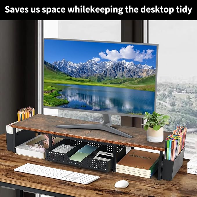 Desk Dual Monitor Stand Riser - Desk Organizer with Drawer and Pen Holders, Office Desk Accessories & Workspace Organization, Computer Monitor Stand for Laptop, Printer, TV, Office Decor, Wood-DeskLoop Office