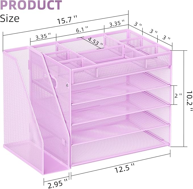 Marbrasse 5-Tier Desk Organizer with File Holder,Paper Letter Tray Organizer,Desktop File Organizer with Adjustable Compartments,Mesh Desk Organizers and Accessories for Office Supplies,Purple-DeskLoop Office