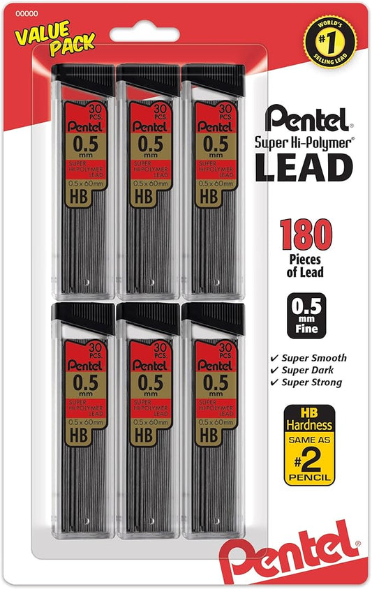 Pentel Super Hi-Polymer Refills, 0.5 mm Fine, HB, 180 Pieces of Lead (C25BPHB6)-DeskLoop Office