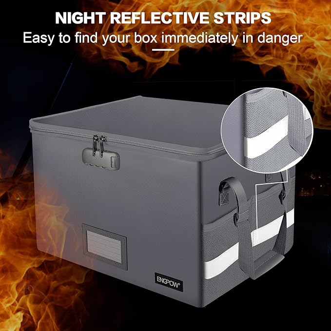 ENGPOW File Box with Lock, Fireproof Document Box with Zipper&Pockets, Collapsible File Organizer Filing Storage Cabinet with Handle, Portable Home Office Safe for Hanging Letter/Legal Folder,Silver-DeskLoop Office