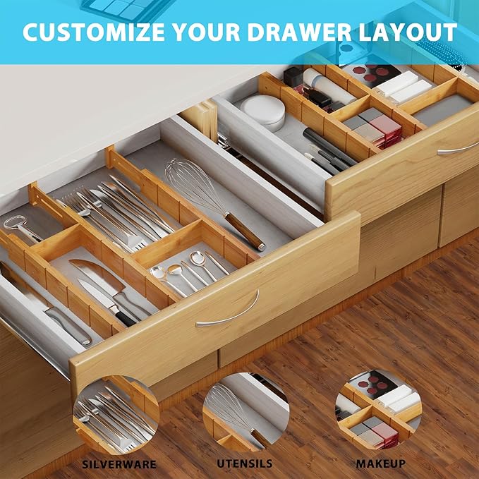 6 Pack Bamboo Drawer Dividers with 12 Inserts, Expandable Adjustable Clothes Drawer Organizers and Storage from 17" to 22" for Kitchen, Bedroom, Dresser, Cosmetics (Natural)-DeskLoop Office