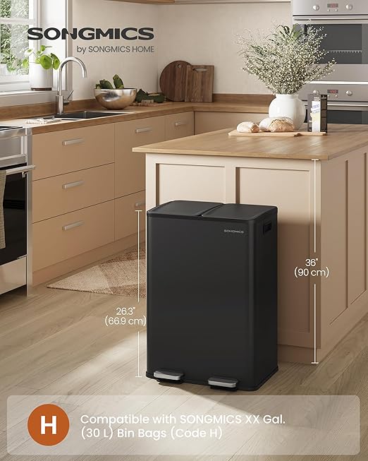 SONGMICS Trash Can, 2 x 8 Gallon (2 x 30 L) Dual-Compartment Garbage Can with Soft-Close Lid, Pedal and Inner Buckets, Stainless Steel, Includes 15 Liner Bags, Ink Black ULTB741B01-DeskLoop Office