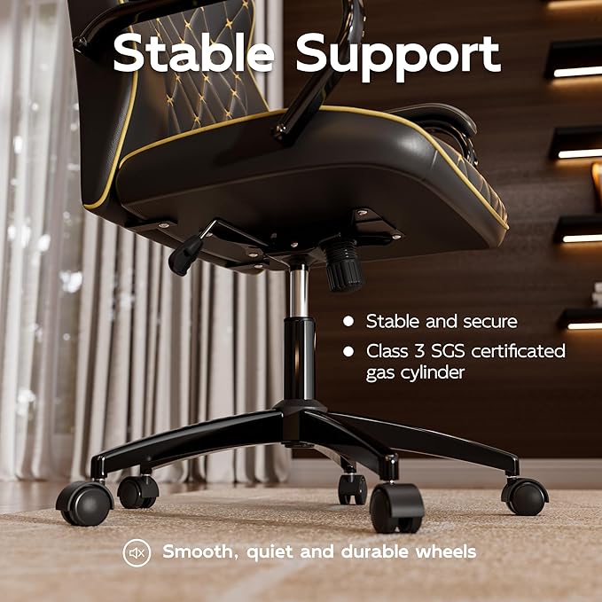 Black Office Chair with Soft Leather Embroidery, Mid Back Vintage Swivel Executive Desk Chair with Wheels and Padded Arms, Adjustable Height-DeskLoop Office