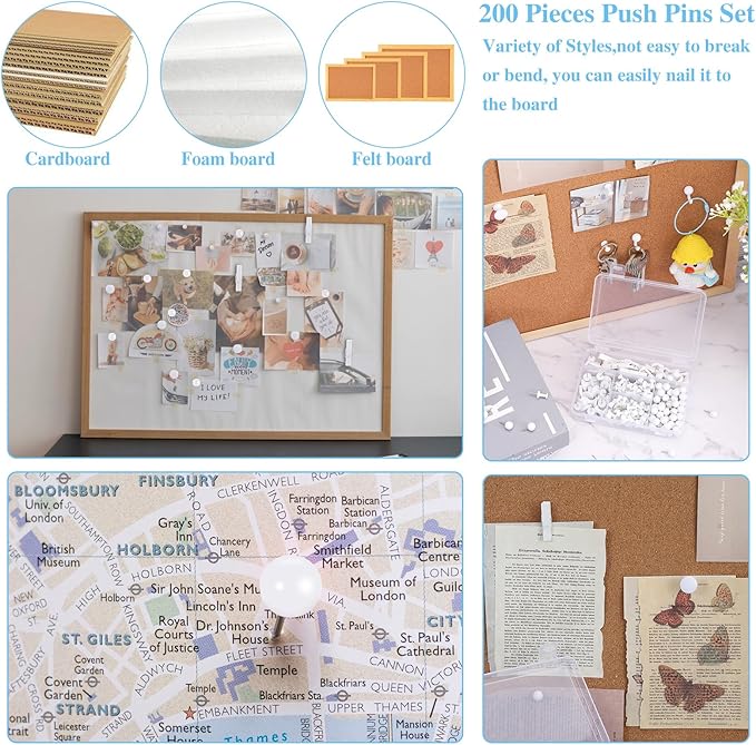 BESARME 200 Pieces Push Pins Set, 5 Types White Thumb Tacks Cute Decorative Push Pins for Wall Cork Board Bulletin Boards with Storage Box-DeskLoop Office