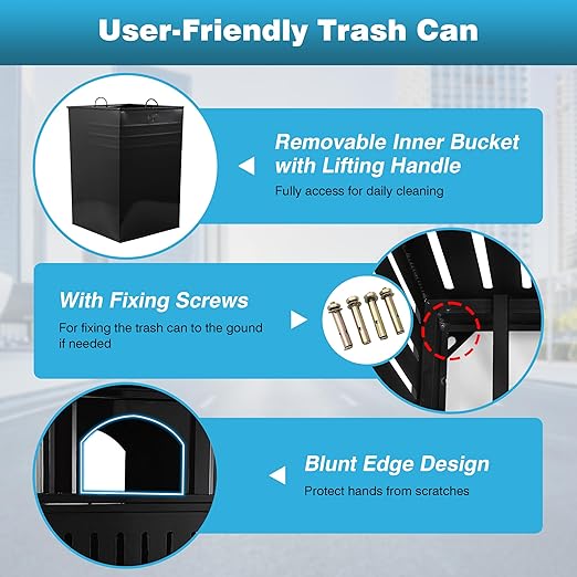 IRONWALLS Commercial Trash Can with Lid, Black Outdoor Garbage Can for Patio, Side Opening Steel Square Commercial Waste Bin, Decorative Trash Container with Removable Inner Bucket for Park, Garden-DeskLoop Office