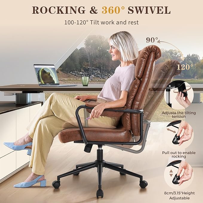 Mid Century Office Chair, Ergonomic Modern Breathable Fabric Home Desk Chair with Lumbar Support, Adjustable Height Swivel Computer Chair for Home Office (Brown)-DeskLoop Office