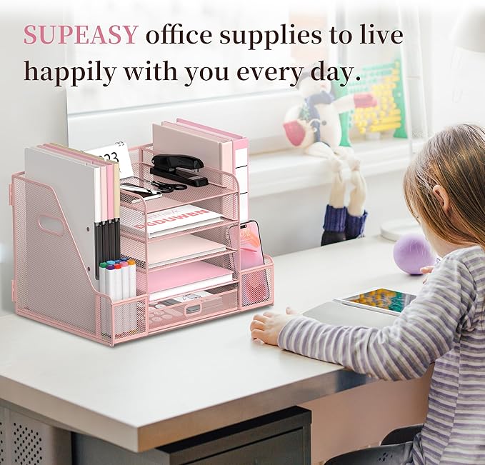 SUPEASY Mesh Desk Organizer with File Holder, 5-Tier Paper Letter Tray Organizer with Magazine Holder, Desktop Organizer and Storage with Drawer for Office Supplies Home or School, Pink-DeskLoop Office