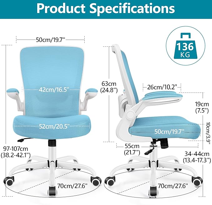 FelixKing Office Chair, Ergonomic Desk Chair Breathable Mesh Chairs with Adjustable High Back Lumbar Support Flip-up Armrests, Executive Swivel Comfy Task Computer Chairs for Home Office Blue-DeskLoop Office