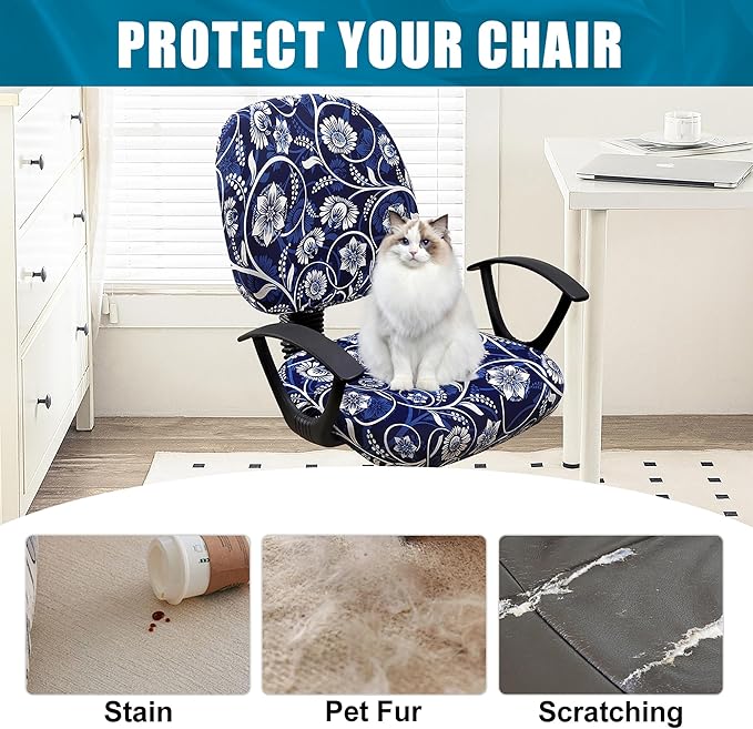 Smiry Stretch Printed Office Computer Chair Covers, Universal Washable Removable Desk Rotating Chair Slipcovers Protector, Seat + Backrest Cover - Navy Blue-DeskLoop Office