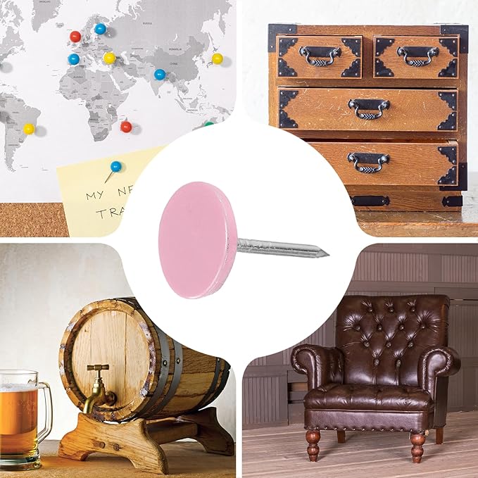 uxcell 120Pcs Push Pins, 11mmx17mm Round Flat Head Decorative Thumb Tacks Upholstery Tacks for Cork Board Office Wall Hangings, Pink-DeskLoop Office