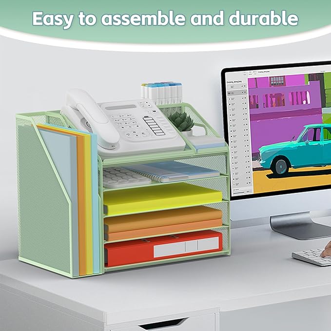 DocNest 5 Tier Paper Letter Tray File Organizer, Mesh Desk File with Handle, Workspace Desk Organizers with Pen Holder, Office Organization Storage Accessories - Green-DeskLoop Office