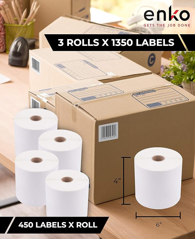 enKo (6 Rolls, 2,700 Labels) 4 x 6 Direct Thermal Address & Shipping Labels Compatible for Zebra 2844 ZP-450 ZP-500 ZP-505, Rollo, Eltron, Neatoscan