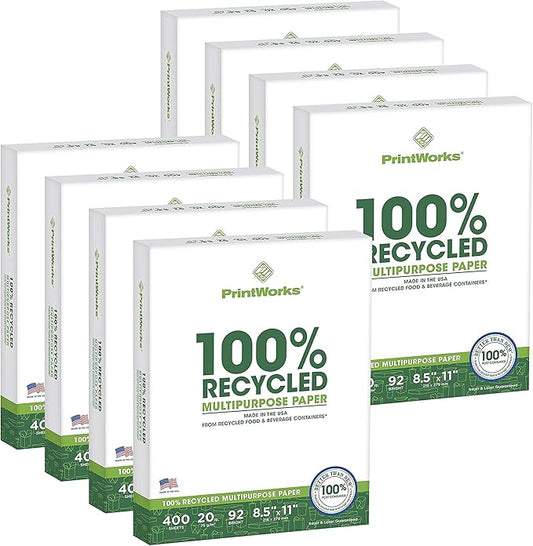PrintWorks 100% Recycled Printer Paper 8.5" x 11" White - 20 lb Copy & Multipurpose Computer Paper - 8 Packs, 3200 Sheets - Made in the USA - 92 Bright - Printer & Copier Compatible (00018-8)-DeskLoop Office