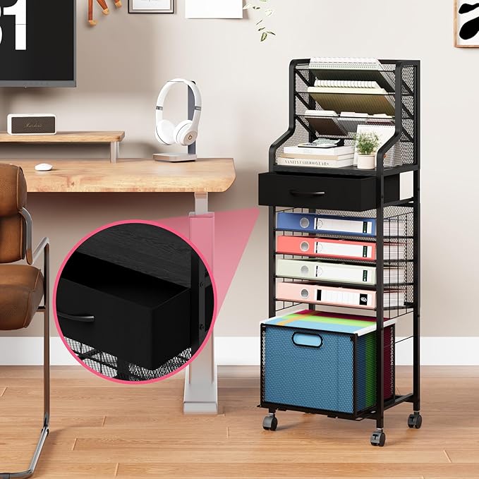 SWTYMIKI 10-Tier Rolling File Cart - Mesh Paper Organizer with Drawer and Hanging File Folders on Lockable Wheels, Wood Teacher Cart for Office Organization, Storage in Home, Studio, School (Black)-DeskLoop Office
