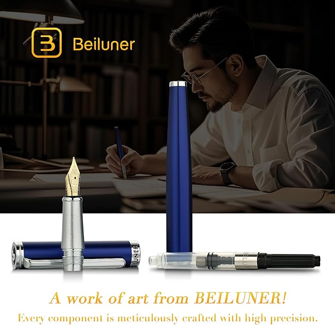 BEILUNER Luxury Fountain Pen Set,Solid 24K Gilded Medium Nib, Modern Classic Limited Edition -Includes 6 Ink Cartridges&Ink Refill Converter with Gift Case-Perfect for Men and Women(Charming blue)