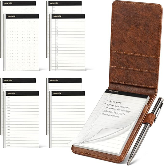 WEMATE 10 Pieces Notepad Holder Set Pocket Notebook - Included Mini Pocket Notepad Holder Set with 8 Memo Book Refills and Metal Pen for Meetings, Daily Records, and Notes 3 x 5 Inch (Brown)-DeskLoop Office