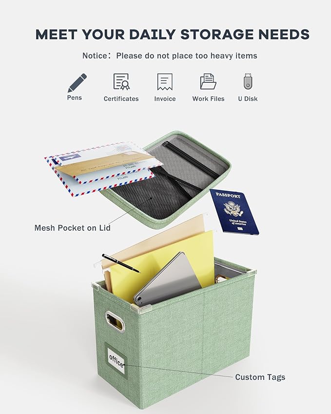 Oterri Hanging Filing File Box with Mesh Pocket, File Organizer Box with Lid, Collapsible Document Organizer Box for Letter Size, Easy Slide Durable Storage Box for Office/Decor/Home (2 PCS, Green)-DeskLoop Office