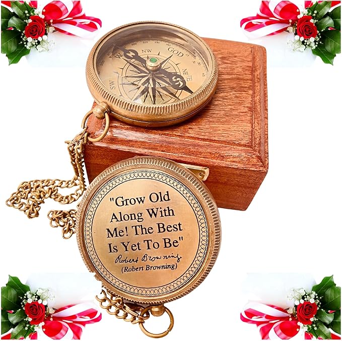 Gift for Husband Wife - Brass Compass 2" | Engraved Quote Birthday Wedding Anniversary Christmas Romantic Love Gifts idea for Boyfriend Girlfriend Men Women Him Her (Grow Old Along with Me)-DeskLoop Office
