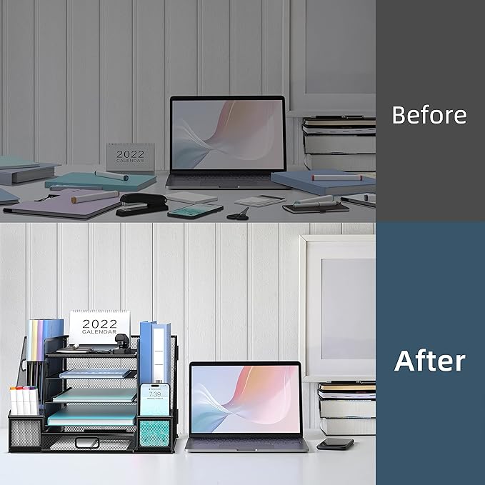 SUPEASY Mesh Desk Organizer with File Holder, 5-Tier Paper Letter Tray Organizer with Magazine Holder, Desktop Organizer and Storage with Drawer for Office Supplies Home or School, Black-DeskLoop Office