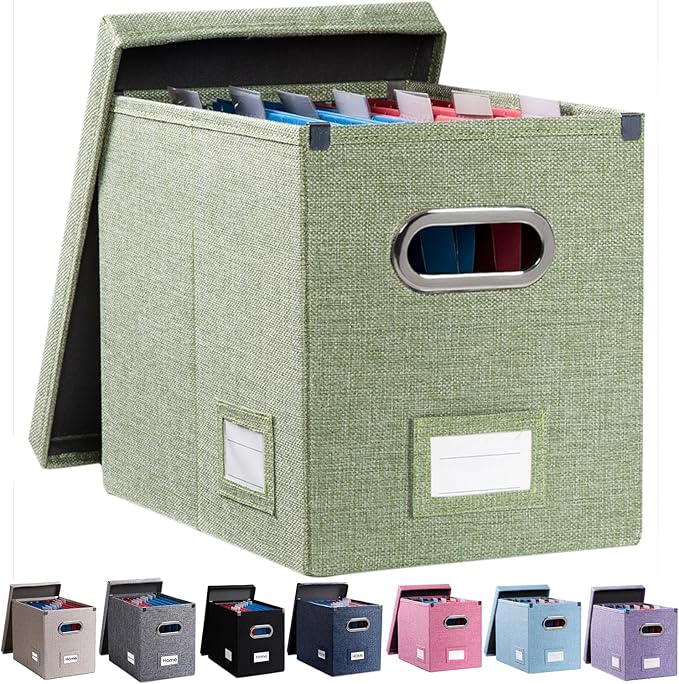 PRANDOM File Organizer Box - Set of 1 Collapsible Decorative Linen Filing Storage Hanging File Folders with Lids Office Cabinet Letter Size Green (14x9.3x10.8 inch)-DeskLoop Office