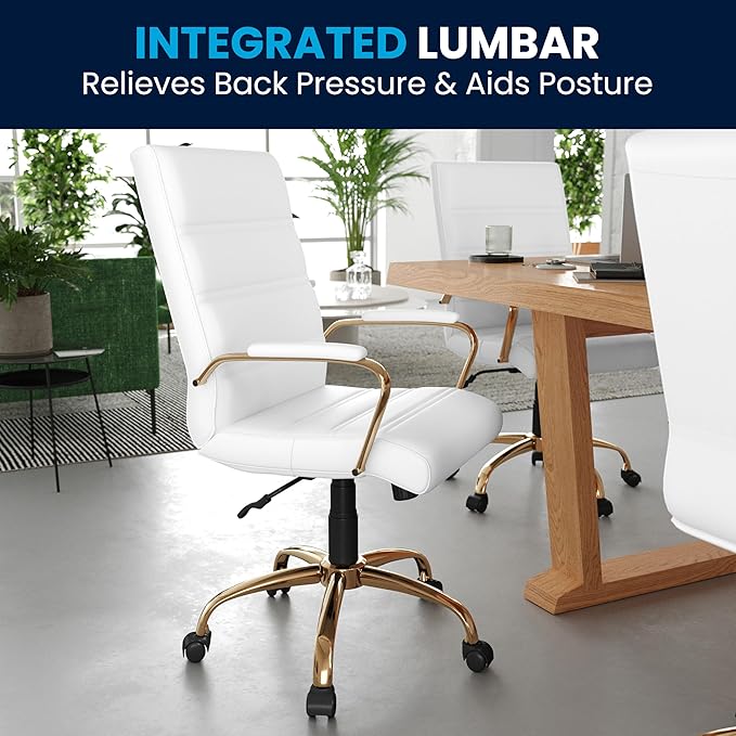 Flash Furniture Whitney Mid-Back Swivel LeatherSoft Desk Chair with Padded Seat and Armrests, Adjustable Height Padded Office Chair, White/Gold-DeskLoop Office