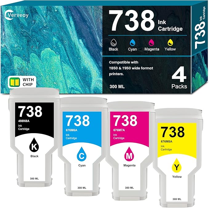 738 738XL Ink Cartridges 4-Pack with Chip Replacement for HP 738 498N8A 676M6A 676M7A 676M8A DesignJet Ink Cartridge - 300ML for DesignJet T850 T950 Wide Format Printer Plotters (4-Pack, BK/C/M/Y)-DeskLoop Office