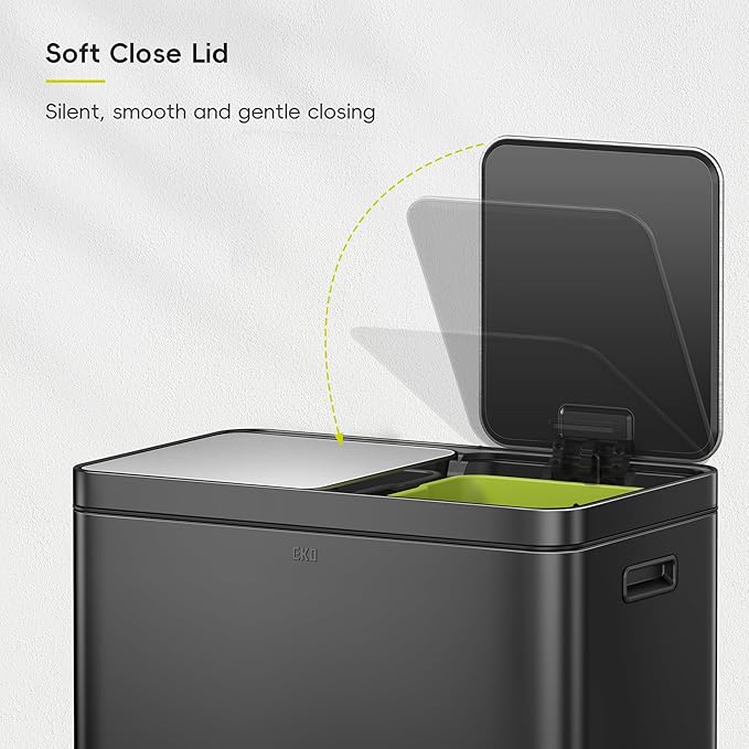 EKO Edison 8+8 Gallon Dual Trash Can for Recycling and Trash, Stainless Steel Kitchen Step Can with Dual Removable Inner Bucket, Independent Lids and Pedals, Black-DeskLoop Office