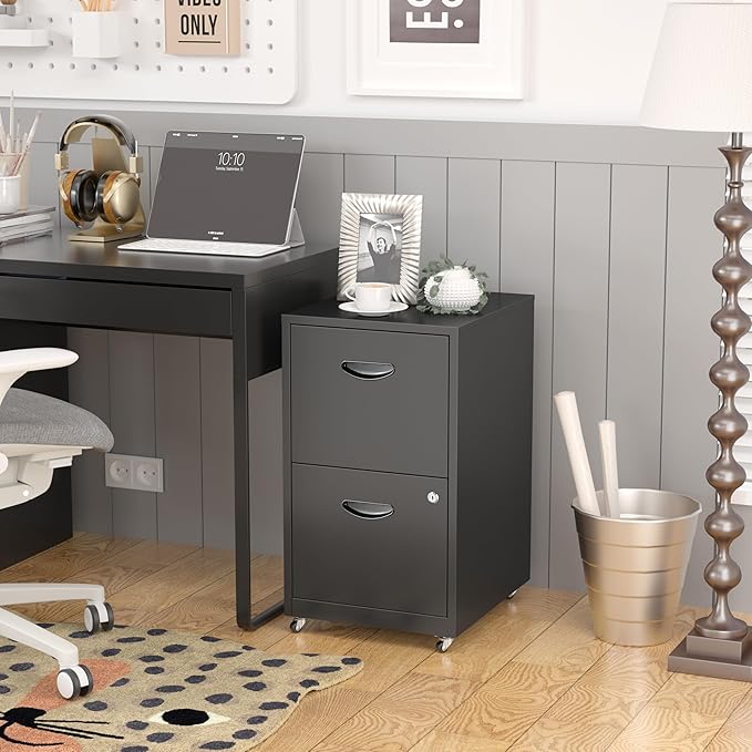 2 Drawer File Cabinet with Lock,Black Rolling File Cabinet for Home Office, Metal Small Mobile Filing Cabinets on Wheels for Hanging Letter