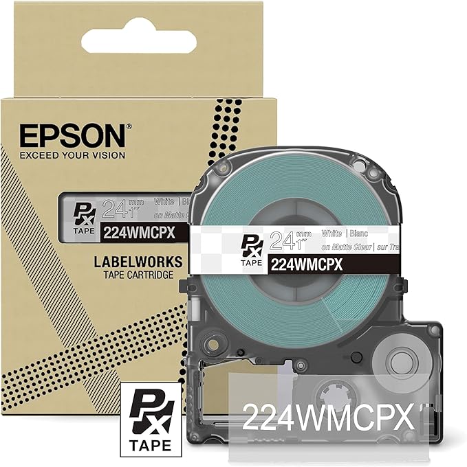 Epson LABELWORKS 224WMCPX Genuine PET (Polyester) Tape Cartridge - White on Matte Clear Designer Craft Label Maker Tape - 1" (24MM) Wide, 26'-DeskLoop Office