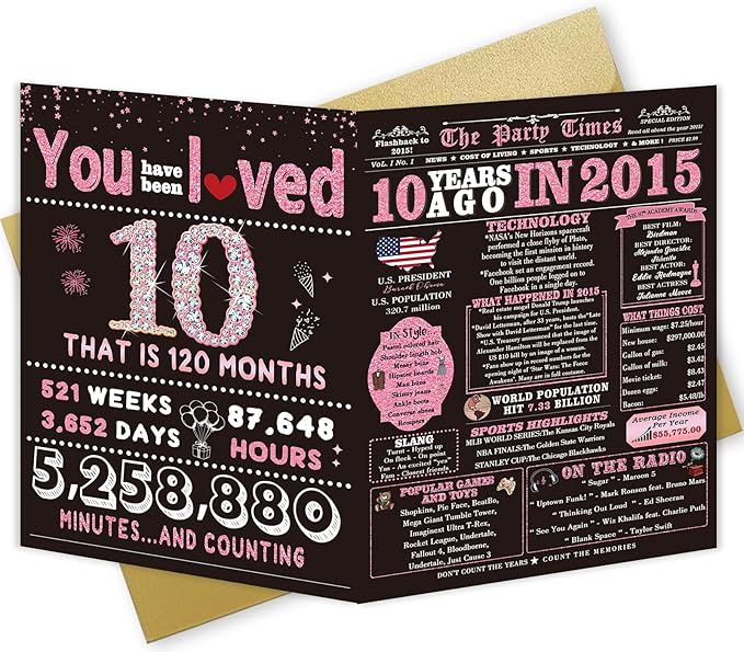 10 Year Old Girl Birthday Gifts, 10th Birthday Decorations for Girls, Daughter Birthday Card, 10th Birthday Card Gift for Girls, Big Size, Rose Pink Gold