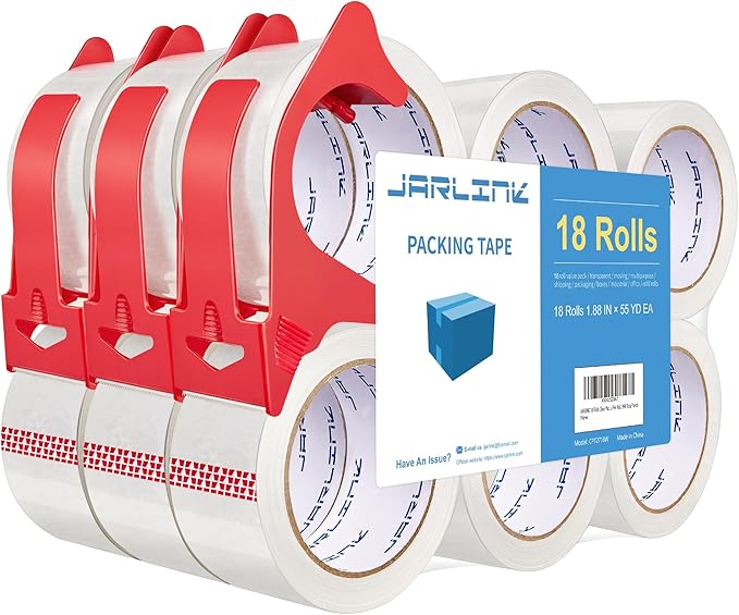 JARLINK 18 Rolls Clear Packing Tape with 3 Dispensers, Heavy Duty Packaging Tape Refills for Shipping Packaging Mailing, 2.7mil Thick, 1.88 inches Wide, 55 Yards Per Roll, 990 Total Yards-DeskLoop Office