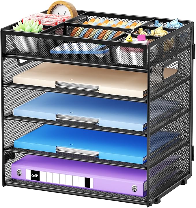 Marbrasse 5-Tier Letter Tray Paper Organizer with Handle, Multi-Functional Mesh File Organizer for Desk, Adjustable Compartments Mesh Desktop Storage for Office Supplies,Black-DeskLoop Office