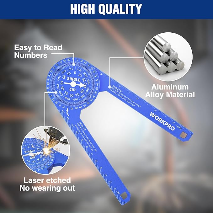 WORKPRO Aluminum Miter Saw Protractor, 7.3 Inch Angle Finder Featuring Precision Laser Engraved Scales for Inside and Outside Corner, Carpenters, Plumbers and All Building Trades, 360° Rotation, Blue-DeskLoop Office