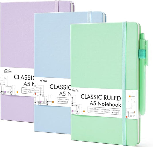 feela 3 Pack Hardcover Notebook For Women, Classic Ruled Lined Journal Set School Business Supplies, with 3 Black Pens, 120 GSM, 5.1”x8.3”, A5, Pastel Colors, Light Blue, Light Purple, Light Green-DeskLoop Office