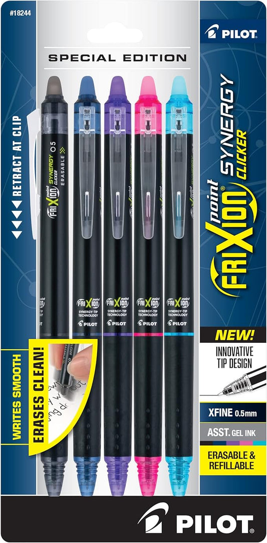 PILOT FriXion Synergy Clicker Erasable, Refillable & Retractable Gel Ink Pens, Extra Fine Point, Assorted Ink Colors, 5-Pack (18244)-DeskLoop Office