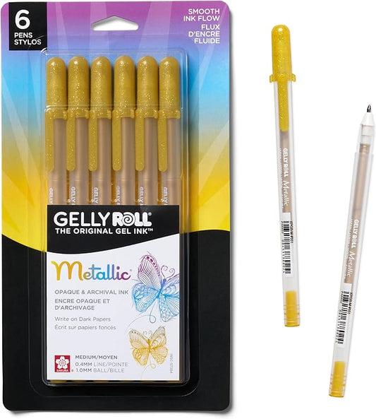 SAKURA Gelly Roll Metallic Gel Pens - Pens for Scrapbook, Journals, or Drawing - Metallic Gold Ink - Medium Line - 6 Pack-DeskLoop Office