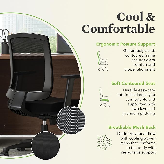 HON Torch Ergonomic Mid-Back Office Chair, Comfortable Fabric Seat Home Office Task Chair, Tilt-Tension Recline Control, 360 Rolling Swivel, Sculpted Fixed Arms-DeskLoop Office