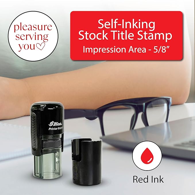 Shiny Pleasure Serving You Stamp, Round Self Inking Stamp for Office and Retail, Red Ink