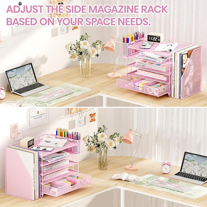 Desk Organizers and Accessories, 5-Tier Paper File Organizer with Drawer & Pen Holder, Office Desk Accessories Workspace Desktop Organizer for Office Supplies((Pink)-DeskLoop Office