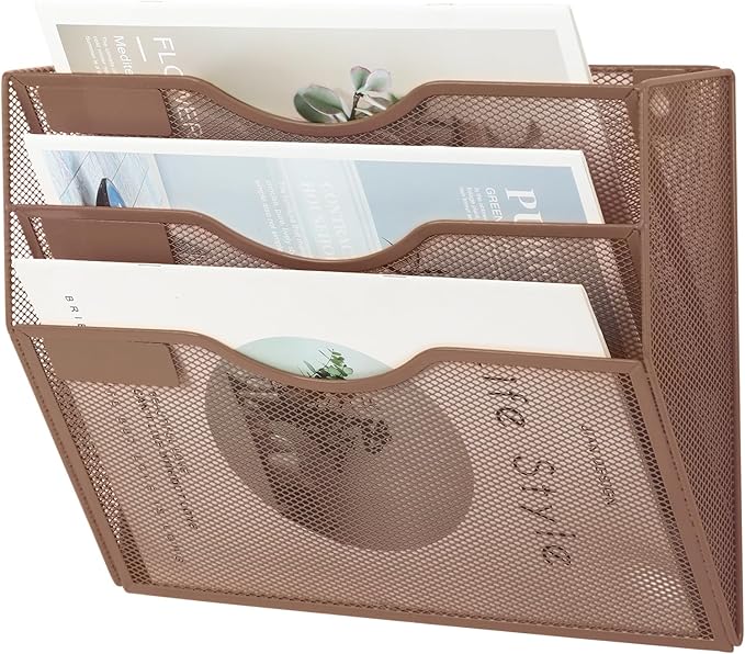 EASEPRES 3 Pocket Mesh Hanging Wall File Organizer, Wall Mounted Mail Paper Document Folder Holder, Clipboard Storage Organization Magazine Rack with Nametag Label for Office Home School, Brown-DeskLoop Office